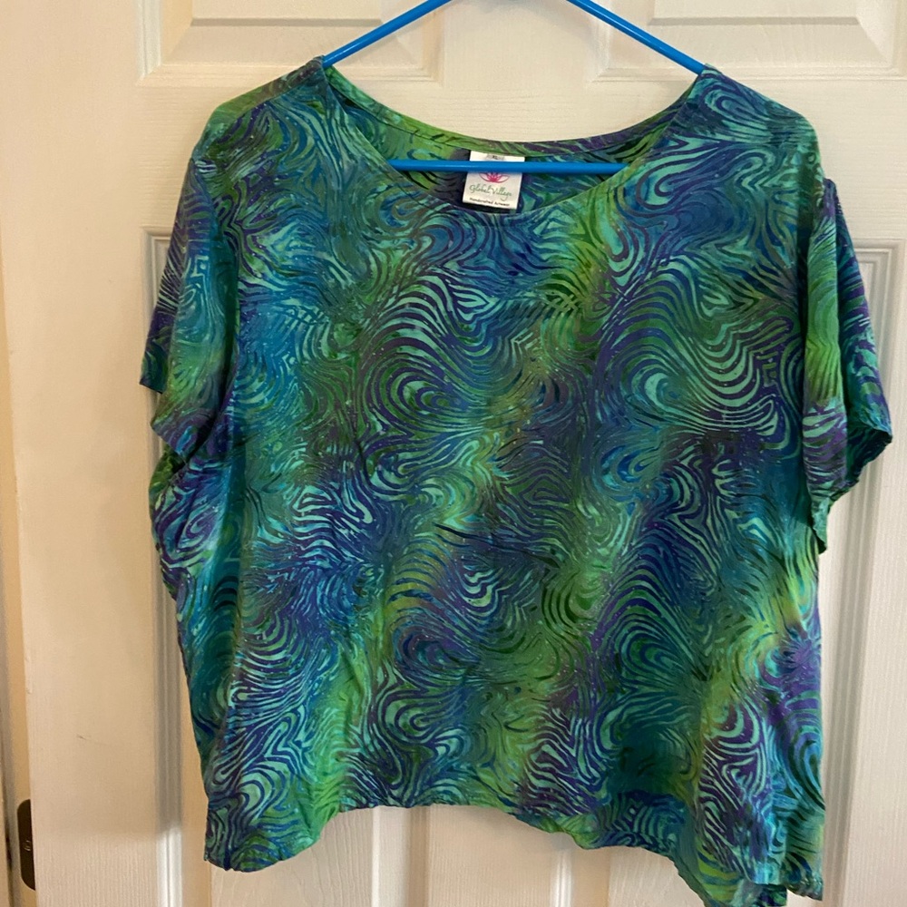 Blue and green top by Global Village handcrafted artwear